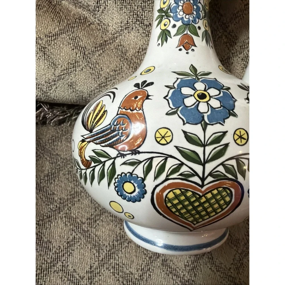 Vintage Decanter West Germany Ulmer Keramik w/Stopper Hand Painted Folk Art 8.5
